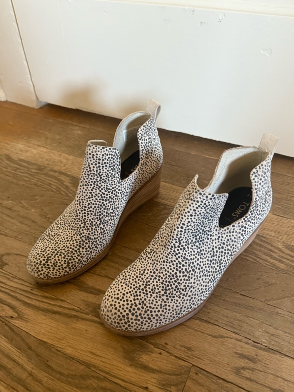 TOMS Cream and Black Dalmatian Print Wedge Booties